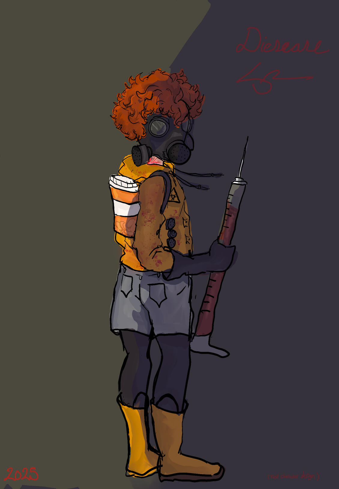 Untitled Full-body character concept illustration of a curly red-haired figure wearing a black gas mask and holding an oversized syringe filled with dark red liquid. They wear a stained yellow jacket, gloves, boots, and shorts against a dark background with the wor