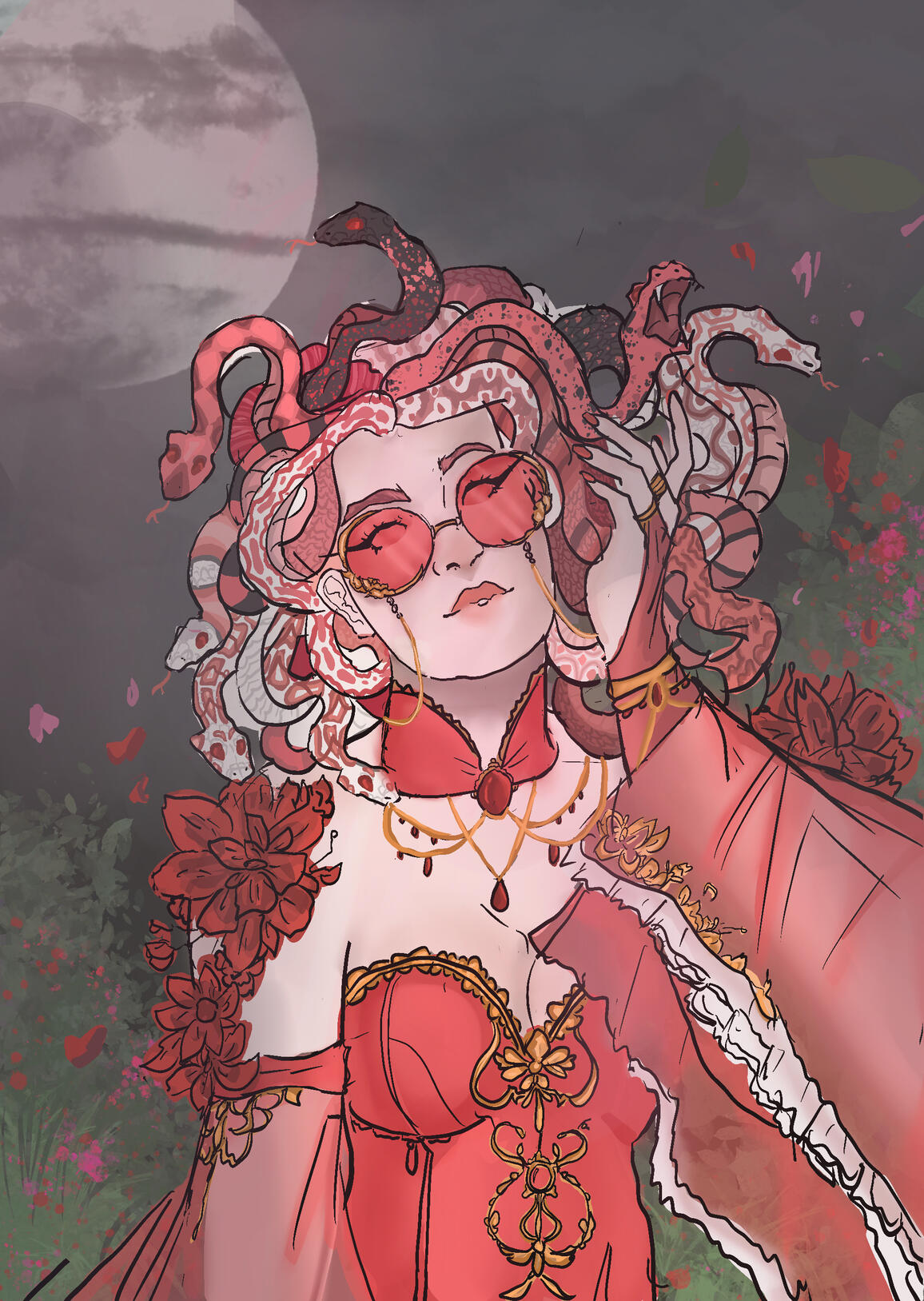 Untitled Illustration of a woman with multiple snakes woven through her hair, wearing red-tinted heart-shaped glasses and ornate gold jewelry. She stands in a moonlit garden scene with deep red tones and floral details.