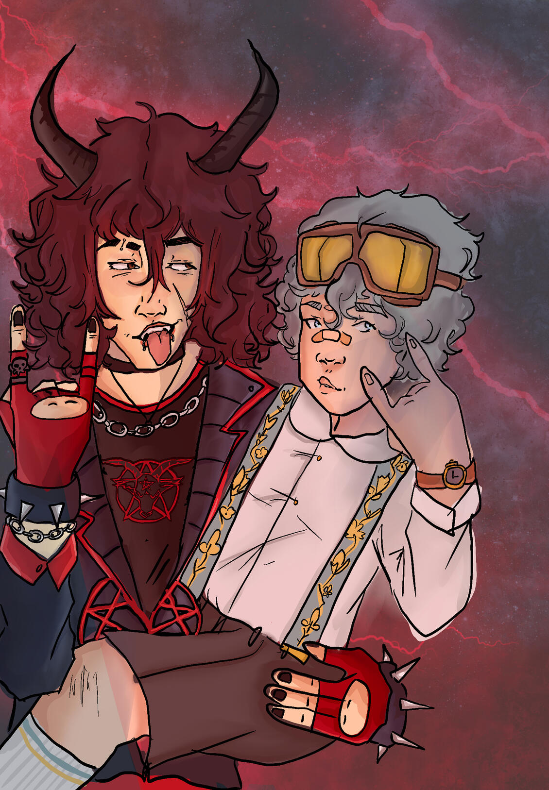 Untitled Fantasy illustration of two characters posing together: one with red hair, black horns, and punk accessories making a rock hand sign; the other with short silver hair and goggles. They stand against a dark red lightning sky.