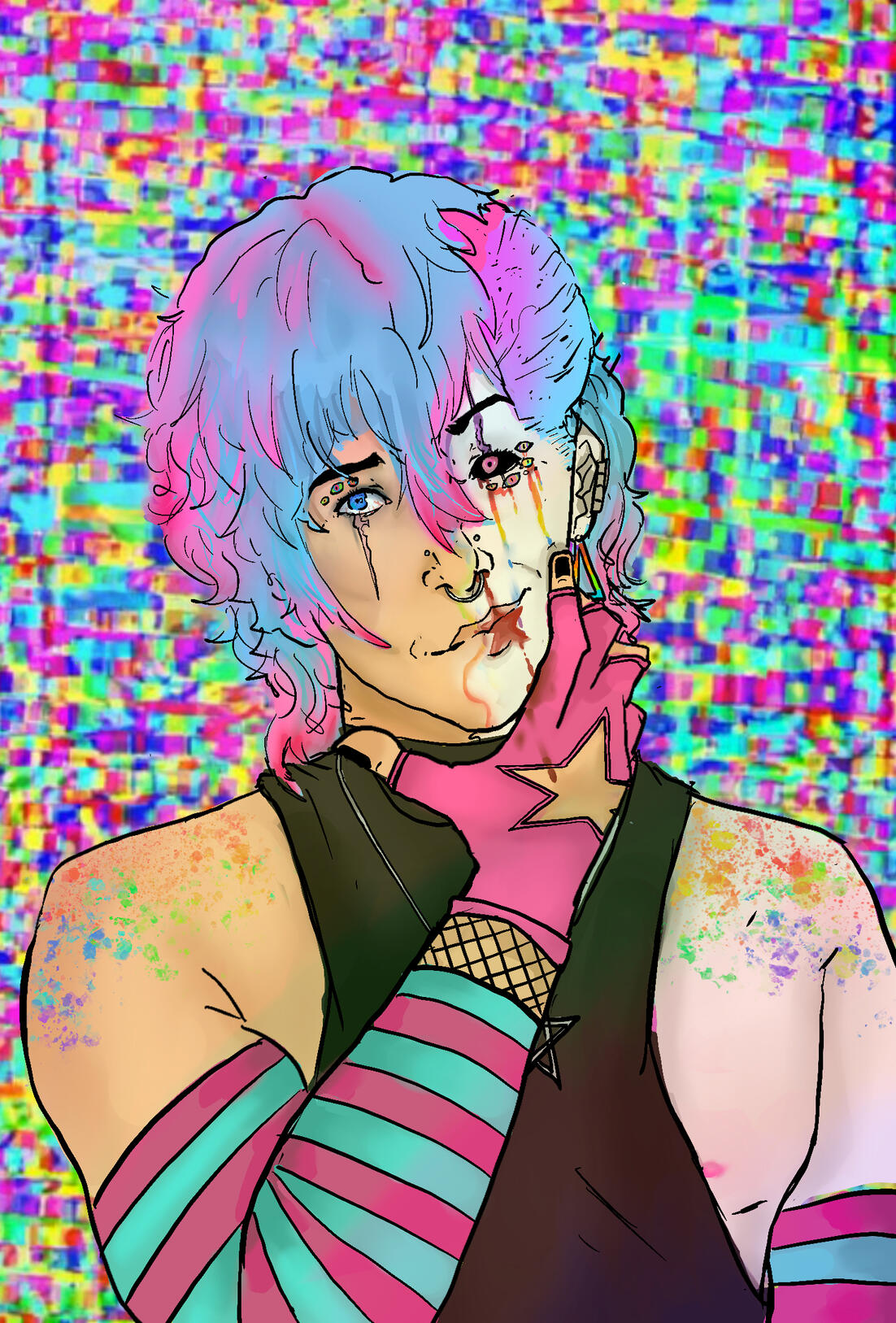 Untitled Digital illustration of a person with split pink and blue hair and tear-streaked makeup, holding half of a broken mask to their face. They wear a pink star glove and striped top against a colorful glitch mosaic background.