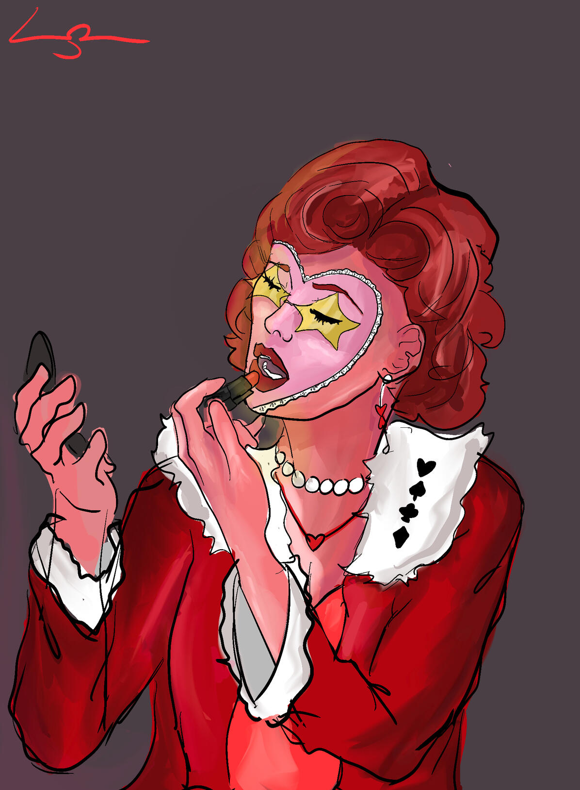 Untitled Stylized illustration of a red-haired woman applying lipstick while looking into a handheld mirror. She wears dramatic yellow eye makeup shaped like stars, pearl jewelry, and a red outfit against a muted background.