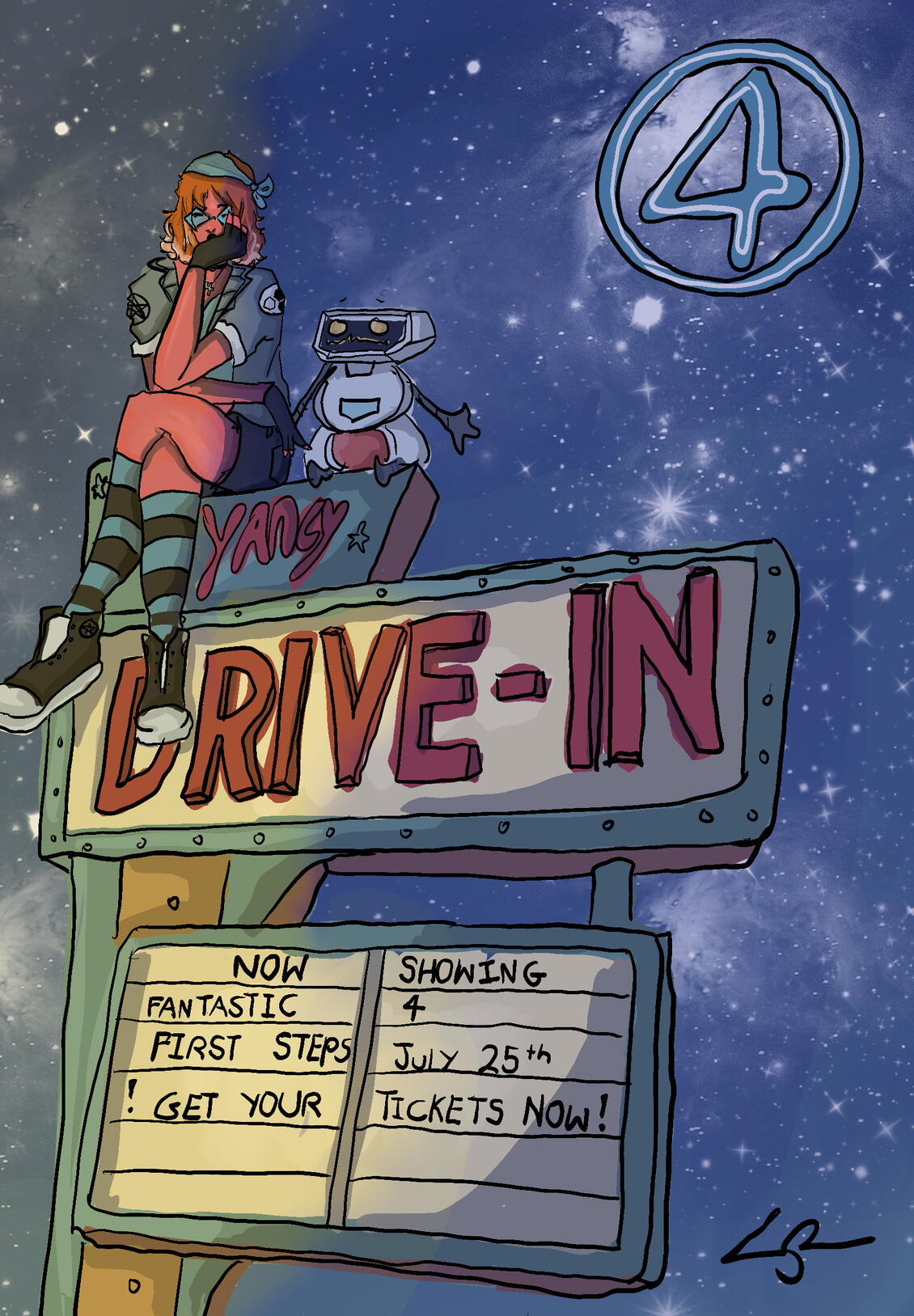 Untitled Illustration of a girl sitting on top of a retro drive-in theater sign reading “Now Showing Fantastic 4 – July 25th.” A small robot sits beside her under a starry night sky.